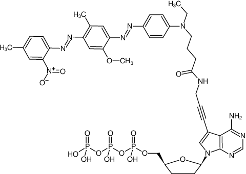 Structural formula of 7-Propargylamino-7-deaza-ddATP-BHQ-1 (7-Deaza-7-propargylamino-2',3'-dideoxyadenosine-5'-triphosphate, labeled with BHQ-1™, Triethylammonium salt)