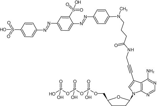 Structural formula of 7-Propargylamino-7-deaza-ddATP-BHQ-10 (7-Deaza-7-propargylamino-2',3'-dideoxyadenosine-5'-triphosphate, labeled with BHQ-10™, Triethylammonium salt)