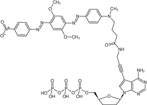 Structural formula of 7-Propargylamino-7-deaza-ddATP-BHQ-2 (7-Deaza-7-propargylamino-2',3'-dideoxyadenosine-5'-triphosphate, labeled with BHQ-2™, Triethylammonium salt)