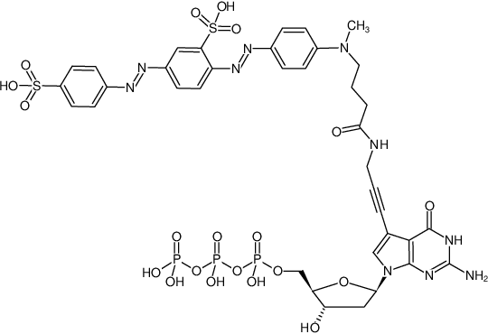 Structural formula of 7-Propargylamino-7-deaza-dGTP-BHQ-10 (7-Deaza-7-propargylamino-2'-deoxyguanosine-5'-triphosphate, labeled with BHQ-10™, Triethylammonium salt)