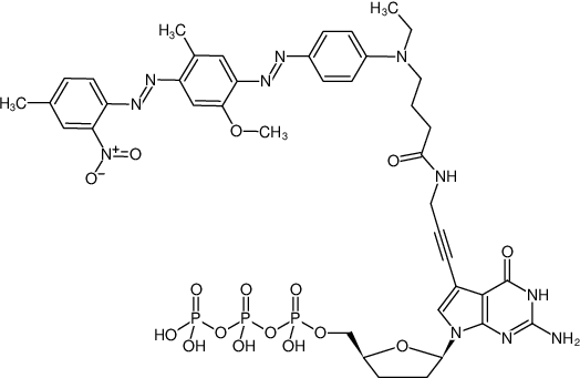 Structural formula of 7-Propargylamino-7-deaza-ddGTP-BHQ-1 (7-Deaza-7-propargylamino-2',3'-dideoxyguanosine-5'-triphosphate, labeled with BHQ-1™, Triethylammonium salt)