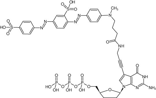 Structural formula of 7-Propargylamino-7-deaza-ddGTP-BHQ-10 (7-Deaza-7-propargylamino-2',3'-dideoxyguanosine-5'-triphosphate, labeled with BHQ-10™, Triethylammonium salt)