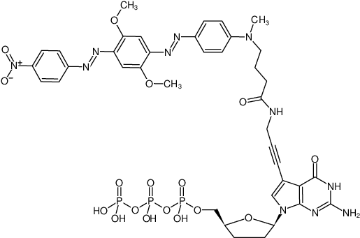 Structural formula of 7-Propargylamino-7-deaza-ddGTP-BHQ-2 (7-Deaza-7-propargylamino-2',3'-dideoxyguanosine-5'-triphosphate, labeled with BHQ-2™, Triethylammonium salt)