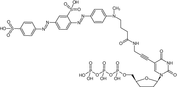 Structural formula of 5-Propargylamino-ddUTP-BHQ-10 (5-Propargylamino-2',3'-dideoxyuridine-5'-triphosphate, labeled with BHQ-10™, Triethylammonium salt)